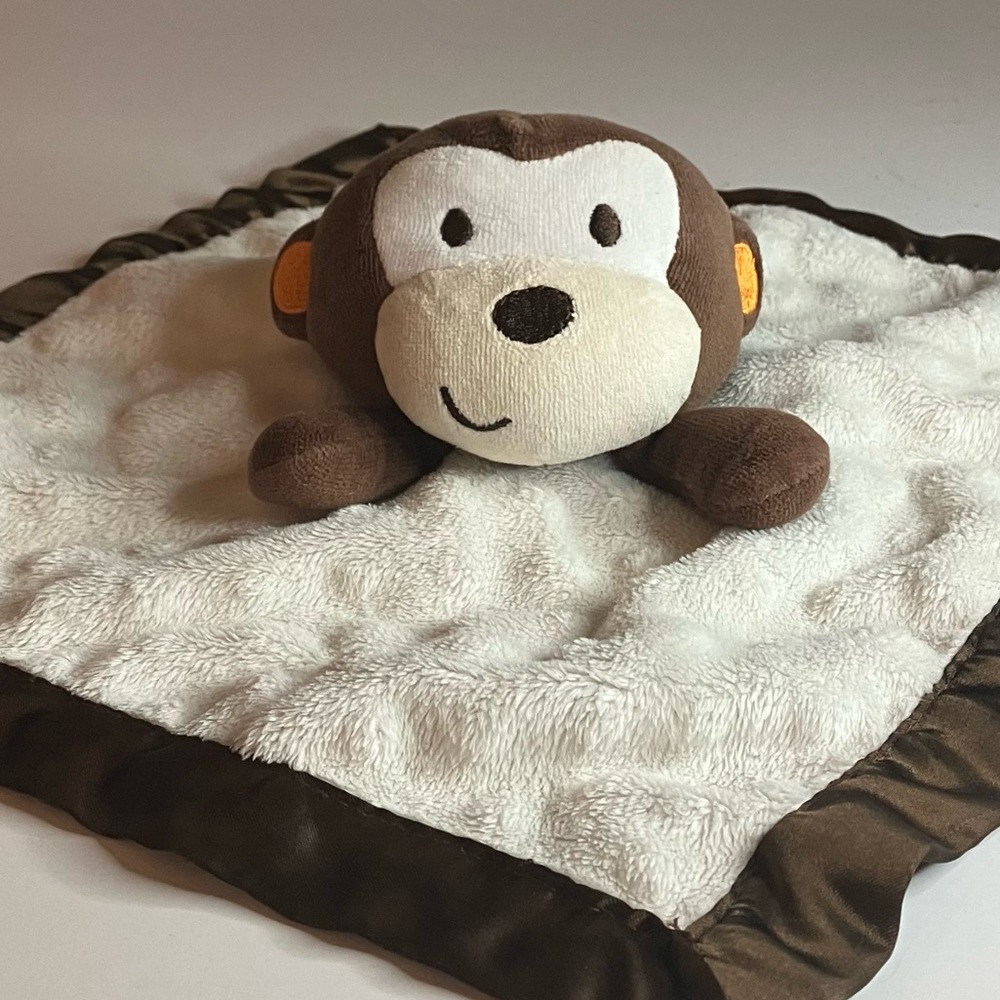 BABY LOVEY GARANIMALS MONKEY SECURITY BLANKET IVORY PLUSH AND BROWN SATIN
